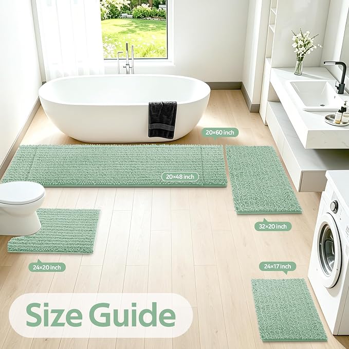 ACCUMTEK Upgrade Luxury 2 Piece Sage Green Toilet Bathroom Rug Mat 60"x20"+32"x20", Ultra Soft Thick Absorbent Bath Mats, Non Slip Chenille Toilet Mat for Bathroom, Bedroom, Kitchen, Shower, Tub