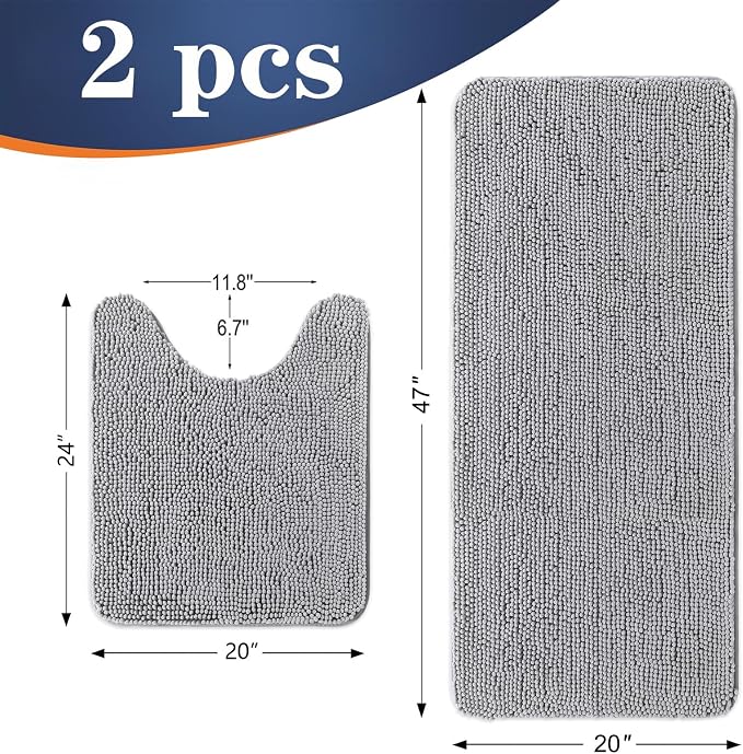 OLANLY Chenille Bathroom Rugs Mats Set 2 Piece, 47"x20"+24"x20", Light Grey | Soft Absorbent Bath Mat and U-Shaped Contour Toilet Rug Set, Quick Dry, Machine Washable Bath Carpet, Home Decor Accessories