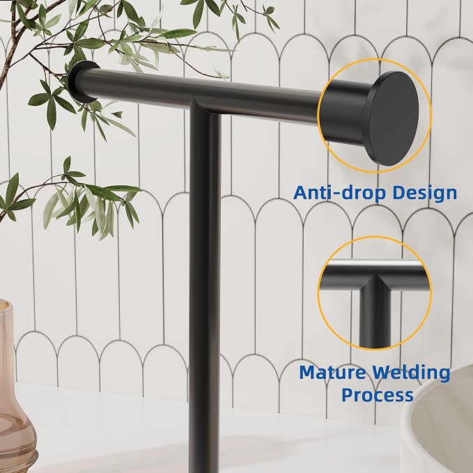 RUACQ T-Shape Hand Towel Holder Stand, 12inch Weighted Base Towel Rack, Countertop Towel Holder for Bathroom, 304 Stainless Steel, Heavy Duty (Matte Black)
