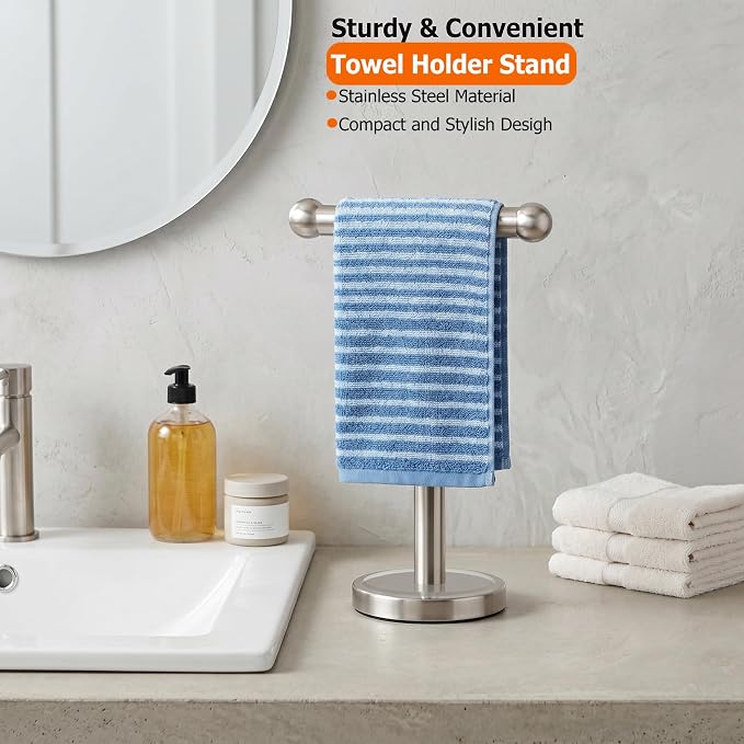 Hand Towel Holder Stand with Heavy Stainless Steel Base, T-Shape Towel Rack, Free-Standing Towel Holder Countertop for Bathroom (Brushed Nickel)