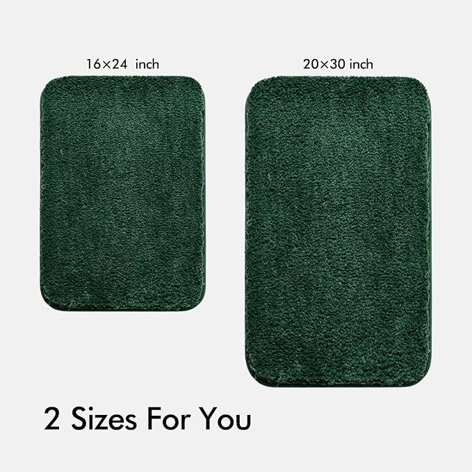 MIULEE Dark Green Bathroom Rugs Set 2 Piece Soft Bath Mats 16x24+20x30 Inch | Soft Absorbent Microfiber Bath Rugs, Non Slip, Quick Dry, Fluffy Bath Rugs for Bathroom Floor Tub Showers, Machine Washable