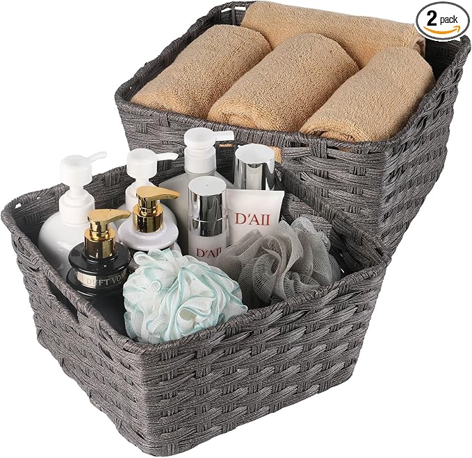 Onlytak Wicker Storage Baskets, Baskets for Shelves, Toilet Paper, Woven Storage Baskets for Organizing, Dark Grey, 12" x 12" x 6", 2-Pack