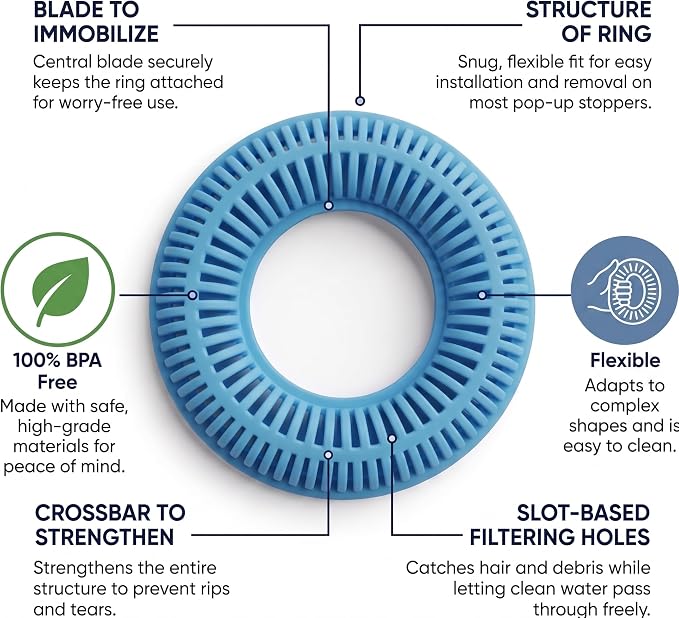 TubRing Pop-Up Drain Protector & Strainer Silicone Hair Catcher, Aqua | Easy snap-in design fits around bathtub stoppers. Customizable utility guard for clog prevention. Fits 1.85"- 2.16" drains.