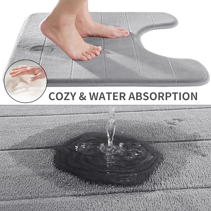 Yimobra Memory Foam Toilet Bath Mat U-Shaped, Soft and Comfortable, Super Water Absorption, Non-Slip, Thick, Machine Wash and Easier to Dry for Bathroom Commode Contour Rug, 24 X 24 Inches, Gray