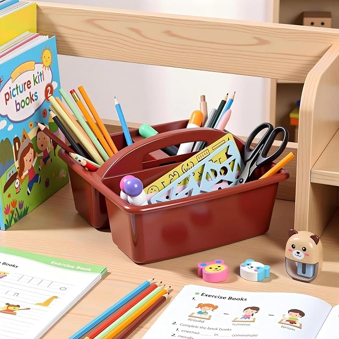 Kathfly 8 Pack Classroom Caddy Organizer with Handle, Plastic Art Craft Cleaning Caddy Bulk, Small Multipurpose Supply Organization Storage Basket for Table Desk Office Pencil Teacher (Deep Color)