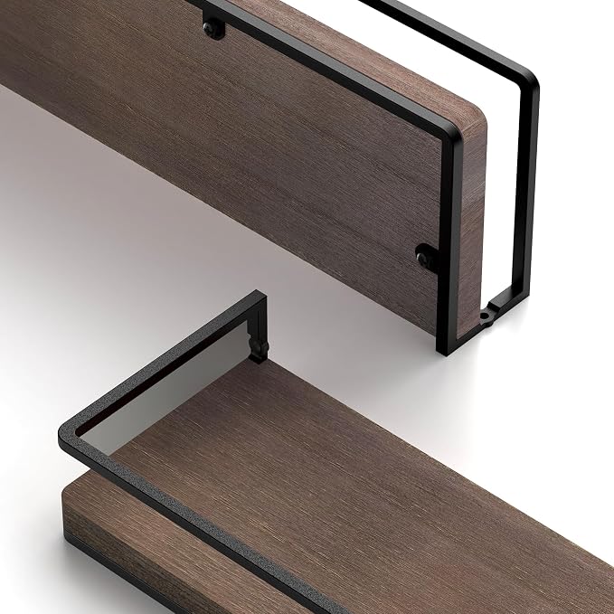 Meangood Floating Shelves Wall Mounted Set of 2, Rustic Wood Wall Storage Shelves for Bedroom,Living Room,Bathroom, Kitchen Brown