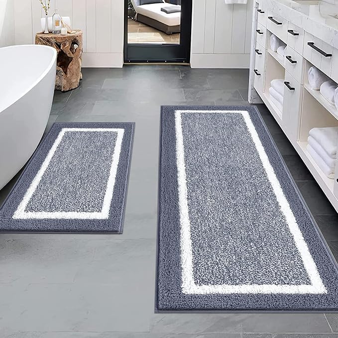 Pauwer Bathroom Rugs Sets 2 Piece, Non Slip Washable Bath Mat, Dark Grey | Soft Plush Microfiber, Super Absorbent Floor Carpet, Quick Dry, Shaggy Shower Rug Runner