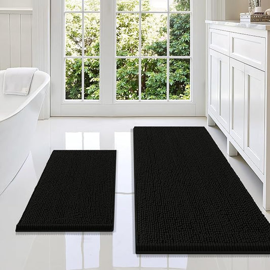 Smiry Chenille Bathroom Rugs Sets 2 Piece (47x20+24x16, Black) | Soft Absorbent Machine Washable Non Slip Shaggy Bath Rug Set for Tub, Shower, and Floor, Home Decor