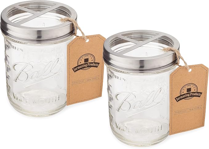 Jarmazing Products Mason Jar Toothbrush Holder - with 16 Ounce Ball Mason Jar – Made from Rust-Proof Stainless Steel - Two Pack