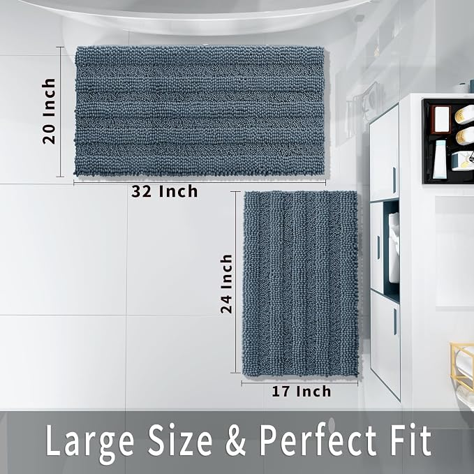 Yimobra Bathroom Rug Set 2 Piece, Absorbent Chenille, 32x20+24x17, Denim Blue