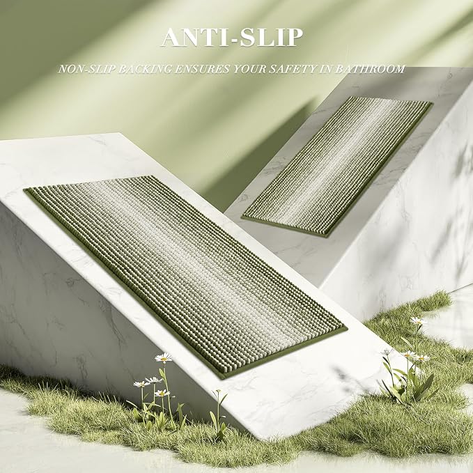 Bathroom Rugs Sets 2 Piece, Non Slip Striped Bath Mats, Sage | 20"x47" Plus 20"x32", Soft Absorbent Chenille, Quick Dry Machine Washable, Shower Rug for Bathroom Floor, Tub, Bedroom Decor
