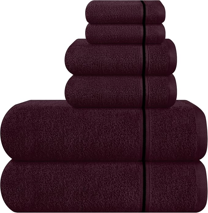 MyOwn Ultra Soft 6 Pack Cotton Towel Set, Contains 2 Bath Towels 28x55 inch, 2 Hand Towels 16x24 inch & 2 Wash Coths 12x12 inch, Ideal Everyday use, Compact & Lightweight - Burgundy