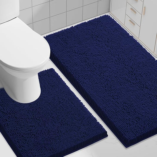 Smiry Chenille Bathroom Rugs Sets 2 Piece (30x20+ U Shape 24x20, Navy Blue) | Soft Absorbent Machine Washable Non Slip Shaggy Bath Rug Set for Tub, Shower, and Floor, Home Decor