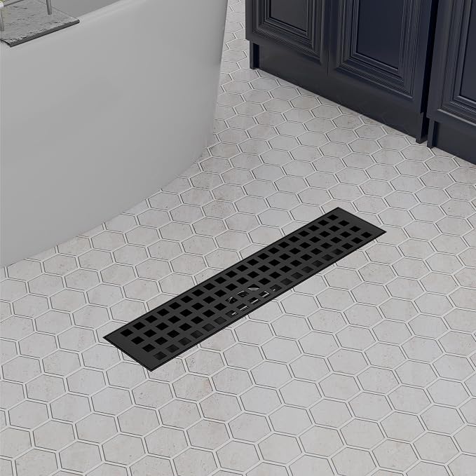 Linear Shower Drain 12 Inch, Modern Rectangle Shower Floor Drain with Removable Quadrato Pattern Grate, Stainless Steel SUS 304, Linear Drain with Leveling Feet& Hair Strainer