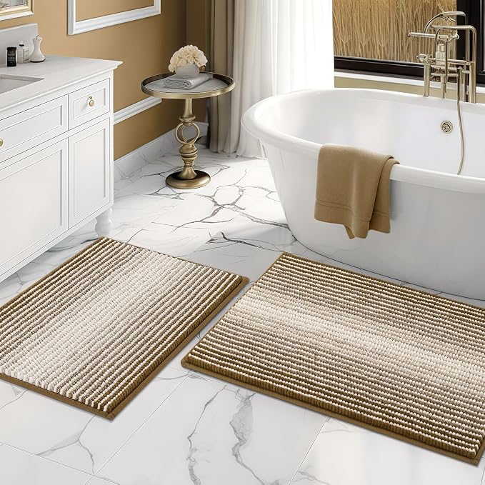 BSICPRO Bathroom Rugs Sets 2 Piece, Non Slip Boho Bath Mats, Petrified Oak | 20"x32" Plus 16"x24", Soft Absorbent Chenille, Striped Quick Dry Machine Washable, Shower Rug for Bathroom Bedroom Decor