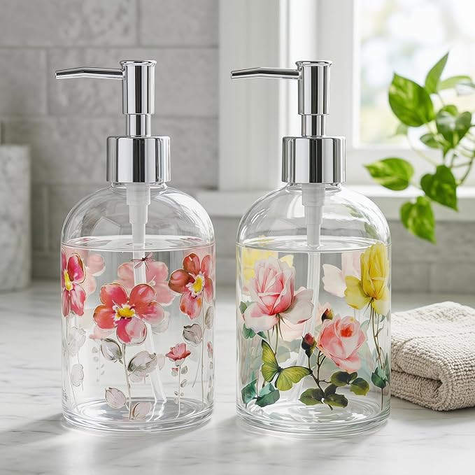 Topadorn Hand and Dish Soap Dispenser Set, 2 Pack 17oz Glass Soap Dispensers with Pump, Refillable Kitchen Soap Bottles, Coordinated Floral Bathroom Counter Decor