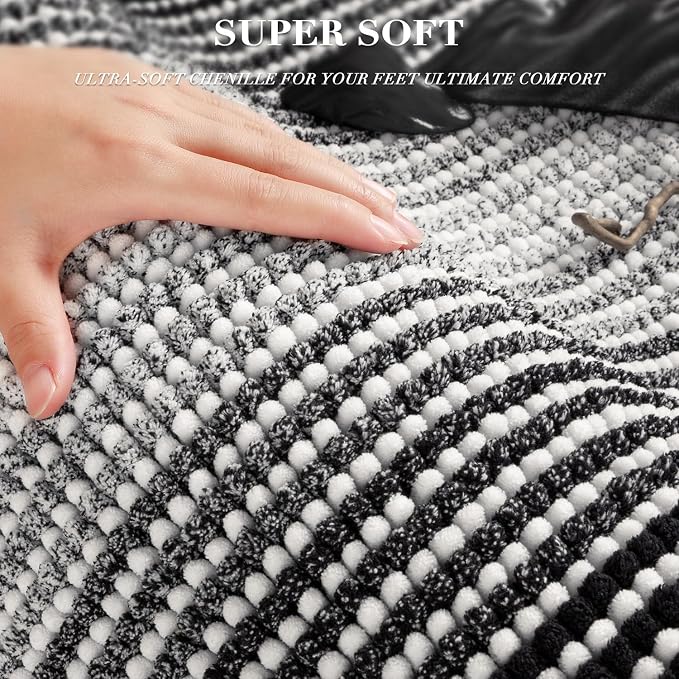 Bathroom Rugs Sets 2 Piece, Non Slip Striped Bath Mats, Black | 24"x70" Plus 20"x32", Soft Absorbent Chenille, Quick Dry Machine Washable, Shower Rug for Bathroom Floor, Tub, Bedroom Decor