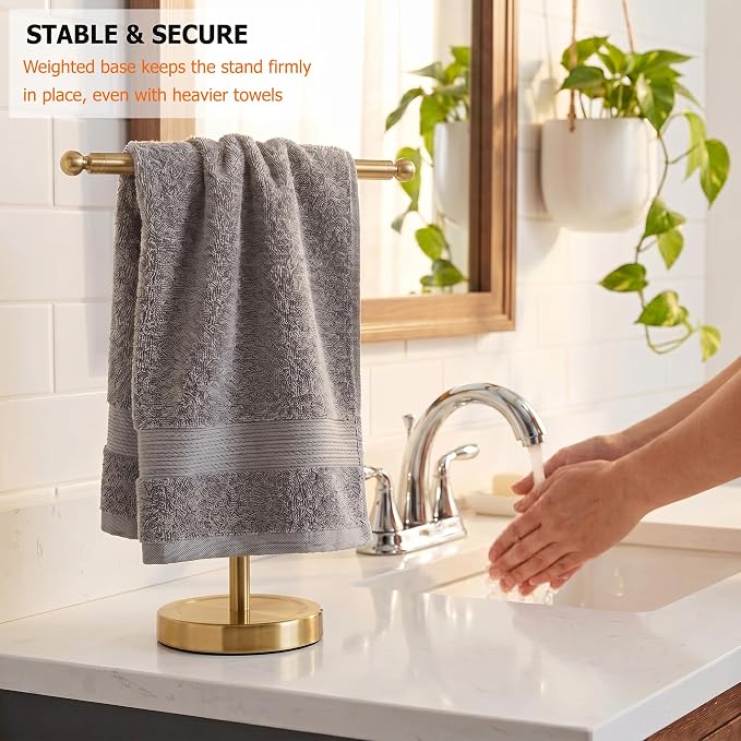 Hand Towel Holder, T-Shape Hand Towel Stand for Bathroom, Hand Towel Rack Bar Standing for Vanity Kitchen Countertop (Gold, Stainless Steel)