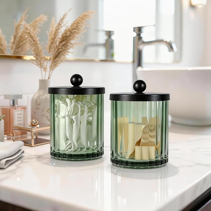 Amolliar Sage Green Glass Apothecary Jar With Metal Lid & Stickers, Bathroom Qtip Holder Dispenser for Cotton Swabs, Balls, Round Pads, Bath Salt, Floss, Countertop Canister Storage, Bronze 2 Pack