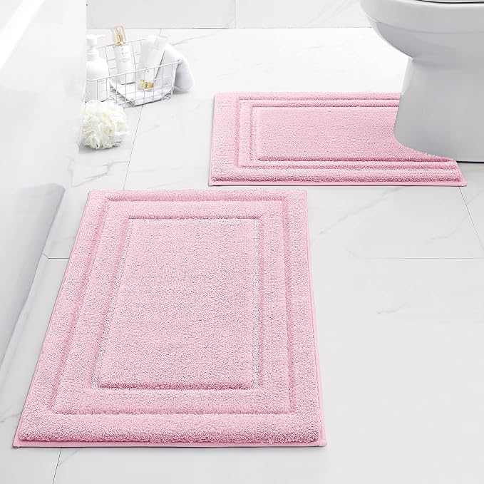 HOMEIDEAS Bathroom Rugs Sets 2 Piece, Super Soft and Absorbent Non Slip Microfiber U-Shaped Toilet Bath Mat Set (20"x32"+U20 x24, Light Pink) | Super Soft and Absorbent Non Slip Microfiber Bath Rug，Machine Washable, for Bathroom, 20"x32"+U Shape 20"x24"