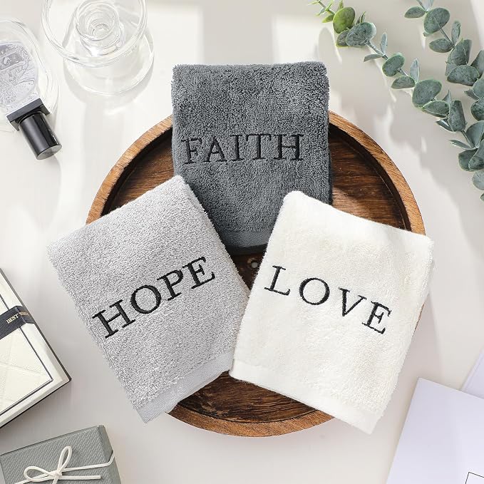 3 Pcs Hand Towels Bathroom Set,Gray,Faith Hope Love | Embroidered Cotton Farmhouse Towels, Kitchen Decor, Rustic Boho Decorative with Text Labels, Guest Bath Home