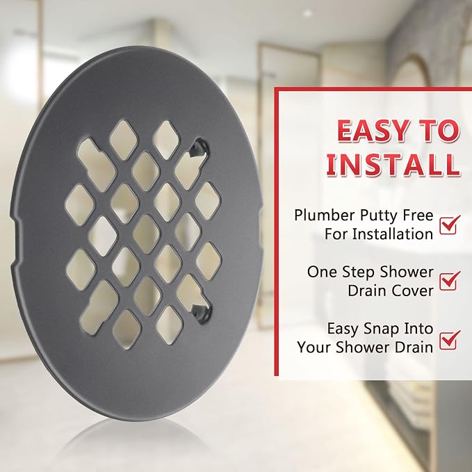 Enhon 2 Pack 4-1/4 Snap in Shower Drain Cover, Round Strainer Drain Grid, Bathroom Shower Grate Cap Replacement for Hair Catcher(Matte Black,Stainless Steel)