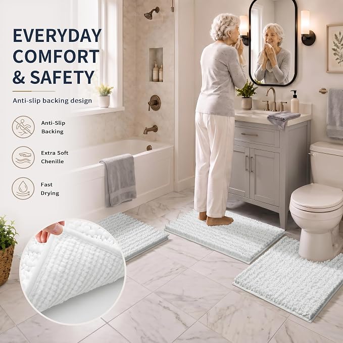 Yimobra Bathroom Rug Set 3 Piece, Super Water Absorbent Bath Mat Set, White | Quick Dry Soft Chenille Bath Rugs & Toilet Rug, Non Slip Machine Washable, Extra Thick Shaggy Floor Mat for Shower Tub Sink