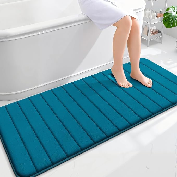 OLANLY Memory Foam Long Bathroom Rugs Runner 59x24, Super Soft Absorbent | Peacock Blue, Quick Dry Bath Mat, Machine Washable Shower Floor Rugs, Bathmat Carpet for Bathroom Floor, Tub and Shower