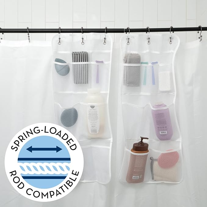 S&T INC. Shower Organizer and Caddy, 2 Pack, 14" x 30", White | Quick-Dry Mesh, 7 Pockets, Shower Caddy and Bathroom Organizer, Hangs on Existing Shower Curtain Hooks, Cruise Essential