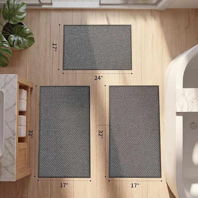 YIHOUSE Thin Bath Mat Dark Grey Bathroom Rugs Sets 3 Pieces, Non Slip Absorbent Bath Mats Quick Dry, Woven Braided Rugs Washable, Tapetes para Baño for Bathroom,Bathtub(17"x24"+17"x32"+17"x32")