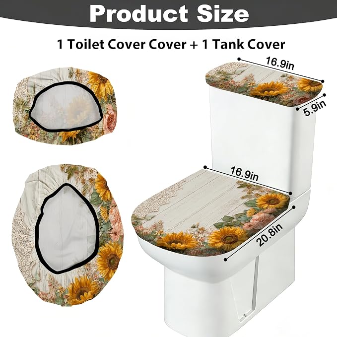 2 pack Toilet Lid Cover & Tank Lid Cover,Fits Standard & Elongated Toilet | Soft Stretchable Fabric,Machine Washable,Decorative Bathroom Protective Covers