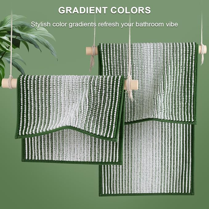 Bathroom Rugs Sets 2 Piece, Non Slip Striped Bath Mat, Hunter Green | 20"x60" Plus 20"x32", Soft Absorbent Chenille, Quick Dry Machine Washable, Shower Rug for Bathroom Floor, Tub, Bedroom Decor