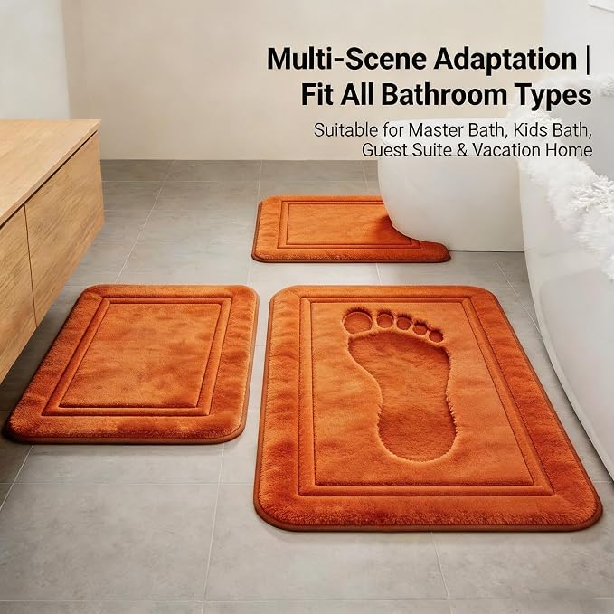Bathroom Rugs Set 3 Piece Memory Foam, Bordered Toilet Rug, Non-Slip Orange | Fall, Halloween & Thanksgiving Decor — Warm Orange bath mats, absorbent and washable, with a U-shaped toilet mat.