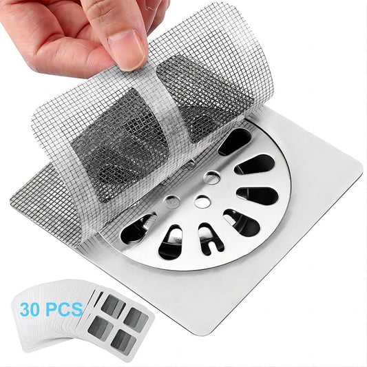 30 Pack Disposable Shower Drain Hair Catcher Mesh Stickers 4"x4" Strong Adhesive Mesh Covers for Bathroom, Kitchen & Laundry Waterproof Hair Trap Easy Apply & Remove