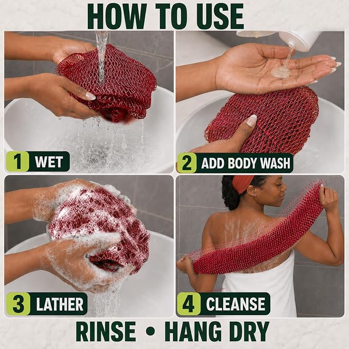Authentic African Net Sponge, 2 Pack 45-Inch Exfoliating Bath Sponge and Shower Loofah for Body and Back, Colorfast Quick-Dry Knotted Mesh Scrubber with Travel Pouch (Gray & Rust Red)