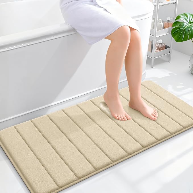 OLANLY Memory Foam Long Bathroom Rugs Runner 44x20, Super Soft Absorbent | Beige, Quick Dry Bath Mat, Machine Washable Shower Floor Rugs, Bathmat Carpet for Bathroom Floor, Tub and Shower
