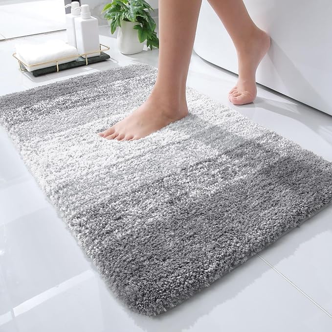 OLANLY Small Bathroom Rugs 24x16, Extra Soft Absorbent Microfiber Bath Rugs | Light Grey, Non-Slip Quick-Drying Rubber Backing, Washable Plush Bath Mat for Floor, Tub and Shower, Home Decor Accessories