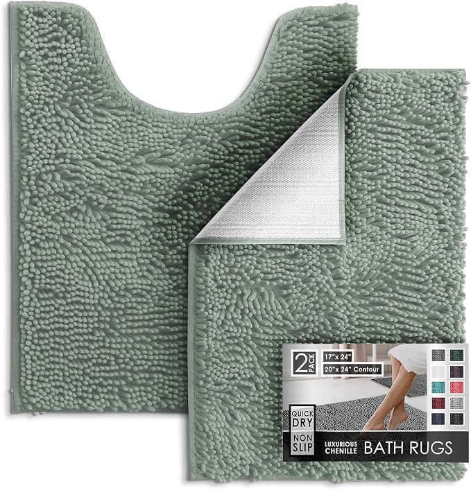 Hearth & Harbor Bathroom Rugs, Chenille Bath Mat - Machine Washable Bath Mats for Bathroom Non-Slip Backing Rubber, Quick Dry Bathroom Mat, 17 x 24 + 20 x 24 - Ice Green