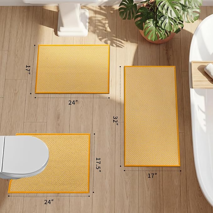 YIHOUSE Thin Bath Mat Yellow Bathroom Rugs Sets 3 Pieces, Non Slip Absorbent Bath Mats Quick Dry, Woven Braided Rugs Washable, Rubber Tapetes para Baño for Bathroom Toilet,Bathtub