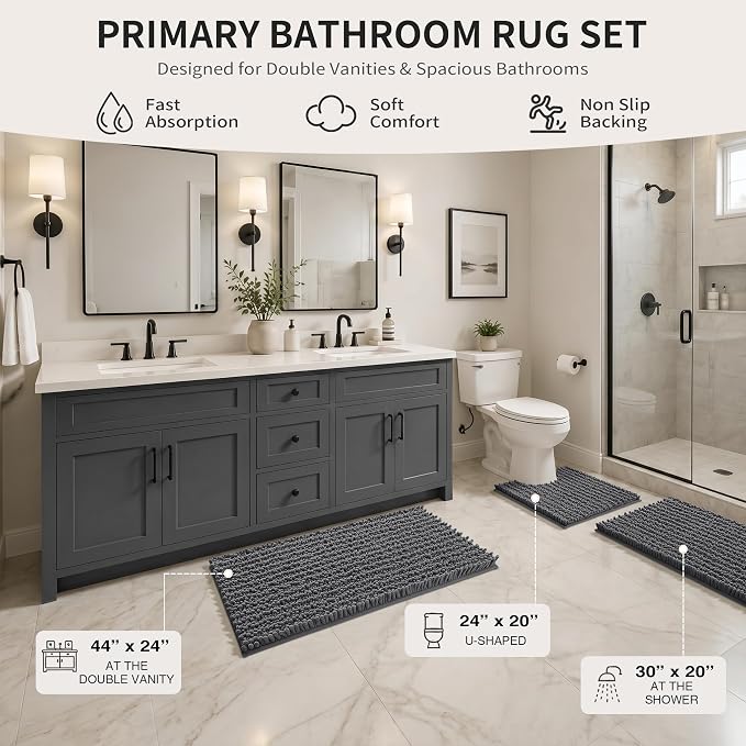 Yimobra Bathroom Rug Set 3 Piece, Super Absorbent Bath Mat Set, Dark Gray | Quick Dry Soft Chenille Bath Rugs & Toilet Rug, Non Slip Machine Washable, Extra Thick Shaggy Floor Mat for Shower Tub Sink