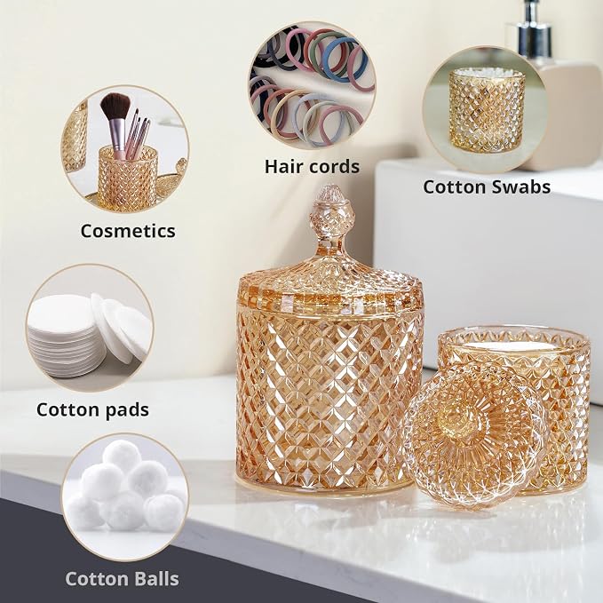 2 Pack Glass Qtip Holder, Apothecary Jars with Lids Bathroom Storage | Amber (10+24oz), Storage for Cotton Swabs, Balls, Pads, Floss Pick, Makeup, Candy & Jewelry, Vanity Organizer for Bathroom