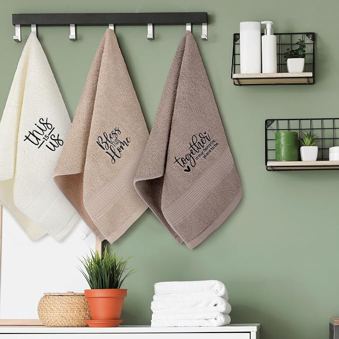 3 Pcs Hand Towels Bathroom Set,Brown,Inspirational Language | Embroidered Cotton Farmhouse Towels, Kitchen Decor, Rustic Boho Decorative with Text Labels, Guest Bath Home