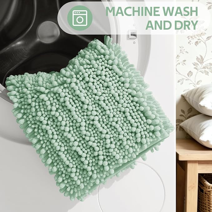 ACCUMTEK Upgrade Luxury 2 Piece Sage Green Toilet Bathroom Rug Mat 60"x20"+32"x20", Ultra Soft Thick Absorbent Bath Mats, Non Slip Chenille Toilet Mat for Bathroom, Bedroom, Kitchen, Shower, Tub