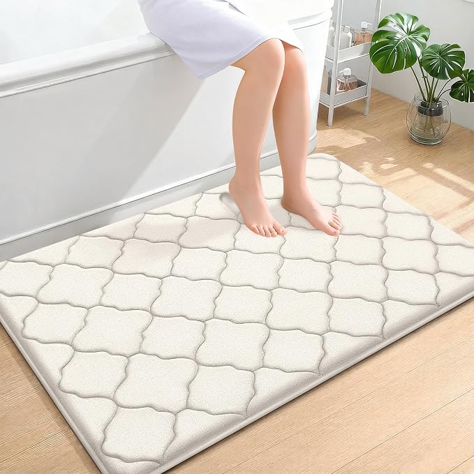 OLANLY Memory Foam Bath Mat Rug 47x32, Ultra Soft Bathroom Rugs, Ivory | Thick Absorbent Carpet, Non-Slip Backing, Machine Washable, for Bathroom Floor, Tub, Shower and Home Decor Accessories