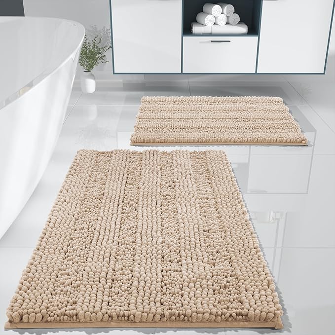Yimobra Bathroom Rug Set 2 Piece, Absorbent Chenille, 32x20+24x17, Beige | Non Slip Machine Washable Quick Dry Bath Mat Set, Soft Plush Shower Rugs for Bathroom Floor Sink Tub and Shower Outside