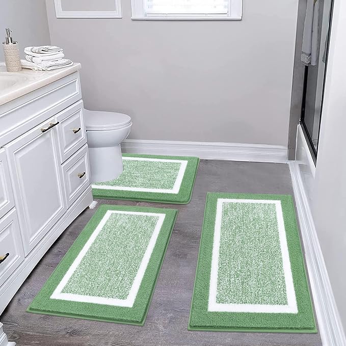 Pauwer 3 Piece Bathroom Rug Set, Non Slip Washable Bath Mat, Green | Soft Plush Microfiber, Super Absorbent Floor Carpet, U Shaped Toilet Mats, Quick Dry, Shaggy Shower Rugs Runners
