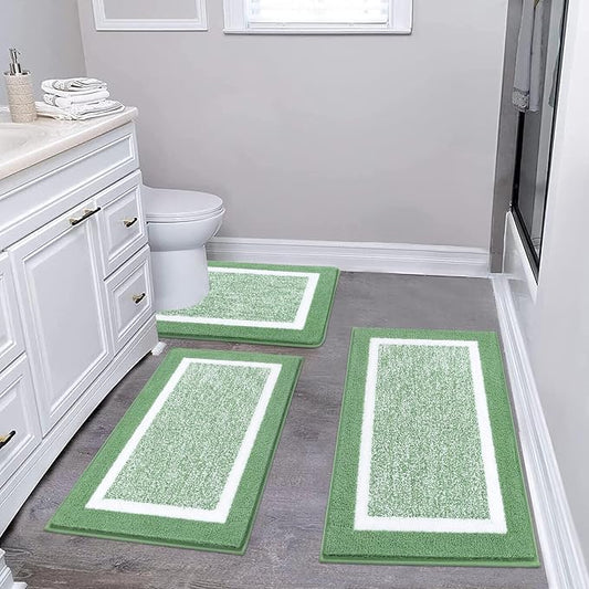 Pauwer 3 Piece Bathroom Rug Set, Non Slip Washable Bath Mat, Green | Soft Plush Microfiber, Super Absorbent Floor Carpet, U Shaped Toilet Mats, Quick Dry, Shaggy Shower Rugs Runners