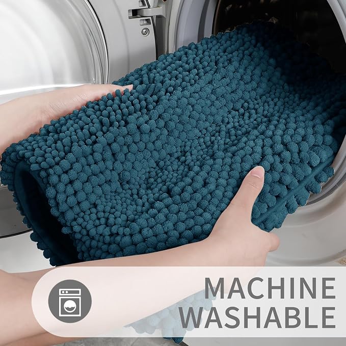 Yimobra U Shaped Toilet Rug Set, Soft Chenille, 24x17+24x20, Peacock Blue | Non Slip Machine Washable Quick Dry, Plush Absorbent Shower Rugs for Bathroom Floor Sink Tub and Shower Outside