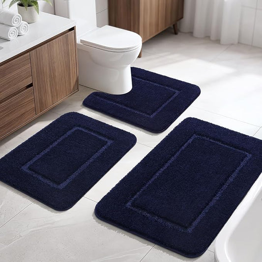 LOCHAS Bathroom Rug Set, Bath Rugs Sets 3 Piece Non Slip Backing, Navy Blue | Washable Absorbent Microfiber Bath Mat Set, Soft Cozy Bathroom Mat for Shower Sink Toilet