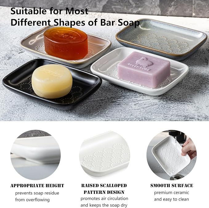 Gomakren Ceramic Soap Dish Bar Soap Holder for Bathroom Kitchen Sink White | Keeps soap dry & long-lasting, raised scalloped design, non-slip base, easy to clean, versatile tray counter storage & decor
